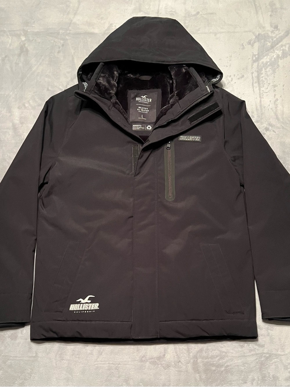 Hollister Men's Black Faux-Fur Lined All-Weather Warm Winter Ski Jacket Coat